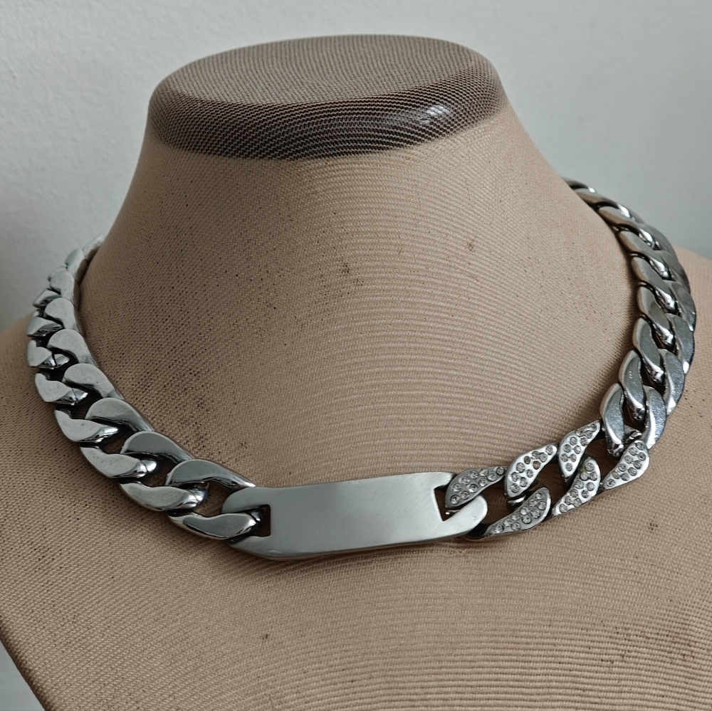 Guess Silver Heavy Curb Cuban Link Chain Necklace with Rhinestone Accents